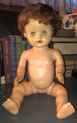 Vintage Large 17 " Sun Rubber Co.  Baby Doll - Squeaker Reddish Brown Hair