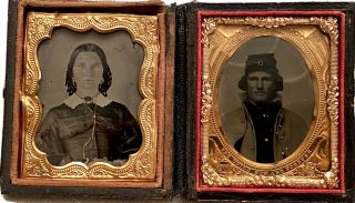 Civil War Soldier Tintype In Rare Frame Half Case And Woman Glass Ambrotype