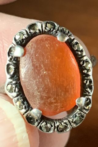 Unusual German Antique 935 Silver And Amber Ring (size M)