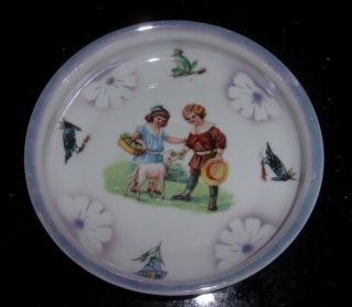 Antique German Blue Luster Porcelain Baby Bowl Dish Children Feeding Lamb