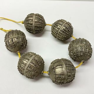 Antique Vintage Art Deco Silver Chinese Beads On String,  Set Of 5