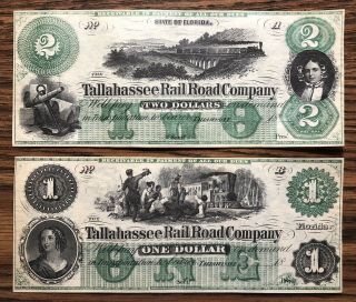 Tallahassee Rail Road Company $1 & $2 Pair,  Rare Obsoletes,  Look Cu/unc Florida