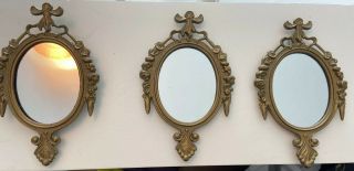 3 Small Antique Gold Metal Ornate Framed Mirrors Made In Italy
