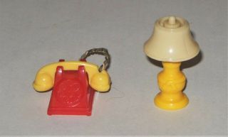 Vintage 1950’s Renwal Toy Dollhouse Red Yellow Telephone & Yellow White Lamp