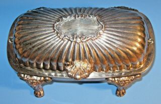 Vintage Silver Plated Lion Head Claw Footed Hinged Roll Top Butter Dish Fancy