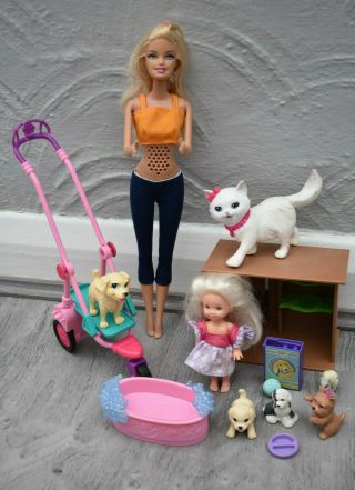 Barbie Doll Pet Bundle,  Dogs Cat & Stroller Play Set,  Shell Kelly Chelsea Doll