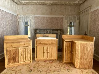 Vintage Miniature Dollhouse Wood Lower Kitchen Cabinets Storage & Sink Unit