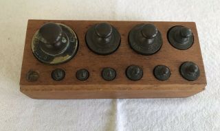 Antique Brass Balance Weights In Wooden Box Partial Set Of 9 French Apothecary