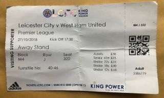 Rare Leicester City Vs West Ham United Match Day Ticket 27/10/2018 - P&p