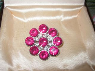 Lovely Vintage Goldtone Dark Rose Pink Glass Flower Brooch