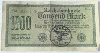 1 X Germany Banknote.  1,  000 Mark.  1922.  Nsdap Adolf Hitler Rubber Stamp.  Rare