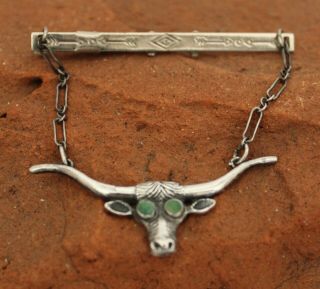 Vintage Sterling Silver Longhorn Steer Hanging Tie Clip Bar Bull Green Eyes