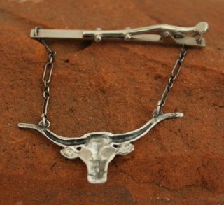 Vintage Sterling Silver Longhorn Steer Hanging Tie Clip Bar Bull Green Eyes 2
