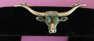 Vintage Sterling Silver Longhorn Steer Hanging Tie Clip Bar Bull Green Eyes 3