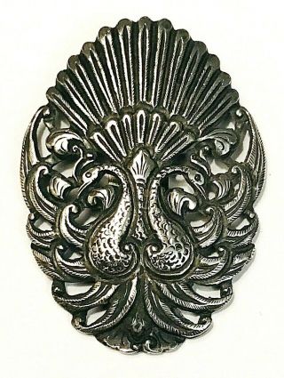 Antique Art Nouveau Repousse Sterling Silver Swans Dress Or Scarf Clip