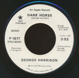 Beatles Rare 1974 George Harrison " Dark Horse " Apple Promotional 45 Nm