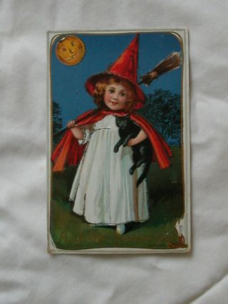 Antique Halloween Postcard Little Witch With Black Cat