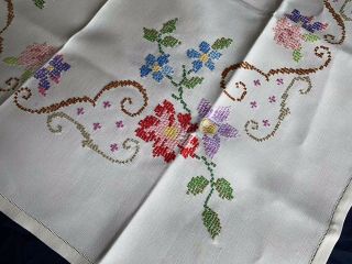 Vintage Floral Heavily Hand Embroidered Cream Irish Linen Sml.  Square Tablecloth