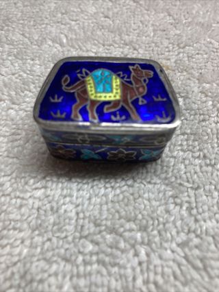 Tiny Sterling Silver And Enamel Pill Box Trinket Jewelry With Camel Design 17 Gr
