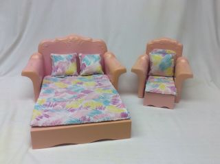 Vintage 1987 Barbie Sweet Roses Sofa Bed Couch,  Chair,  Cushions & Pillows