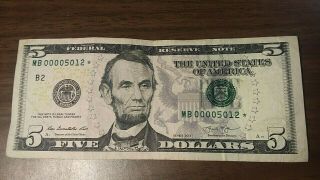2013 - 5 Five Dollar Bill Star Note - Low Serial Number Run Mb00005012 Rare