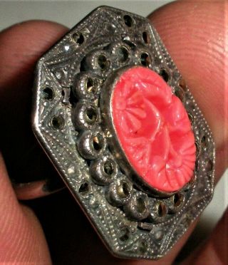 Antique C.  1920 Art Nouveau Coral Carved Marcasite Sterling Silver Ring Vafo