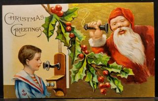 1909 Merry Christmas Santa Claus Talk W Boy Antique Wall Phone Embossed Postcard