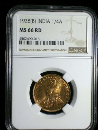 British India 1928 B 1/4 Anna Ngc Ms - 66 Full Red Rare Only 2 Graded Higher