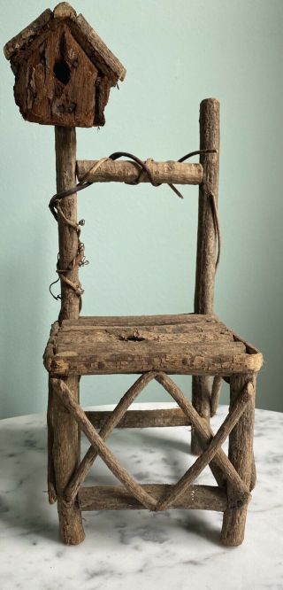 Twig Wood Birdhouse Doll Chair Shabby Boho Garden Tree Decor Bark Plant Stand Sm