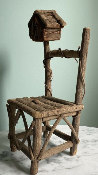 Twig Wood Birdhouse Doll Chair Shabby Boho Garden Tree Decor Bark Plant Stand Sm 2