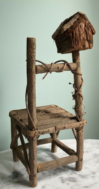 Twig Wood Birdhouse Doll Chair Shabby Boho Garden Tree Decor Bark Plant Stand Sm 3