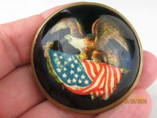 Antique Glass Dome Brass Horse Bridle Rosette U.  S.  Patriotic FLAG Eagle Brooch 2