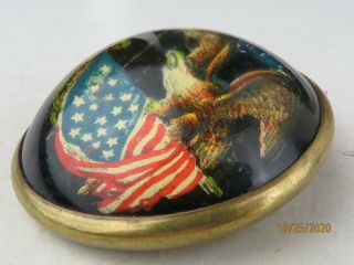 Antique Glass Dome Brass Horse Bridle Rosette U.  S.  Patriotic FLAG Eagle Brooch 3