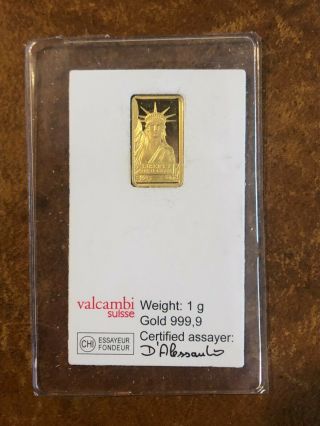 Credit Suisse 1 Gram Fine.  9999 Gold Liberty Bar Assay Card Rare