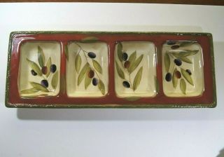 Clay Art Antique Olive Stonelite Hand Painted 4 Part Divided Serving Tray Dish