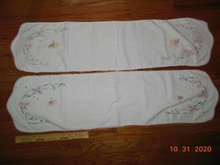 2 Vintage Embroidered Table Runners / Dresser Scarf Butterfly Flowers