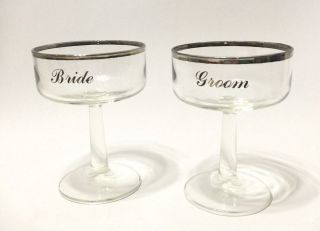 Bride And Groom Clear Wedding Goblets With Silver Rim