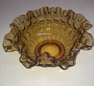 Vtg Fenton Amber Glass Thumbprint Ruffled Crimped Edge 9 " Console Fruit Bowl
