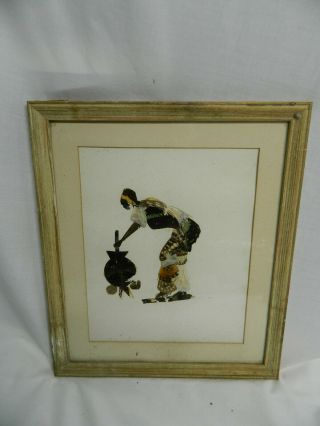 Vintage Framed Butterfly Wing African Art Picture Woman Stirring Pot See Listing