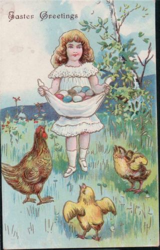 Antique Postcard: Easter Greetings Victorian Girl Carrying Eggs,  Cute Dress U06