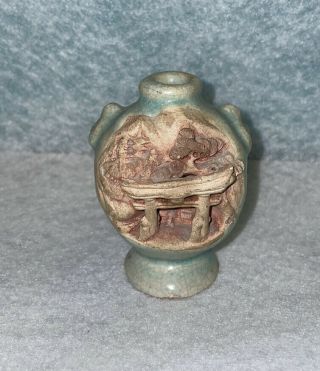 Vintage Japanese Showa Period Green Glazed Banko Ware Carved Pottery Vase 3”