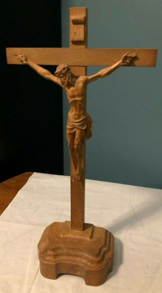 Rare Vintage Hand Carved Wood Standing Crucifix From Nuns Convent