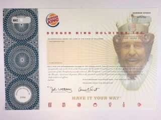 Burger King Holdings,  Inc.  2006 Odd Shrs Specimen Stock Cert.  Unc.  Rare Colorful