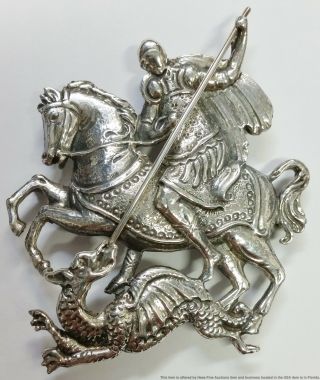 Rare Large St.  George Slays Dragon Antique Cini Sterling Silver Pendant Brooch