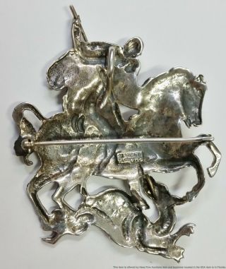 RARE LARGE St.  George slays DRAGON Antique Cini Sterling Silver Pendant Brooch 2