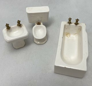 Vintage Porcelain Dollhouse Miniature Half Scale 1:24 Bathroom Tub Toilet Sink