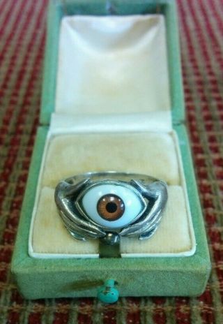 Rare Silver Eye Ring Size S Eyeball Held In Hands Craftsmanship 271
