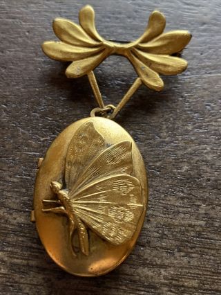 Antique Vintage Gold Tone Brooch Pin With Butterfly Oval Locket.  Wow Estate