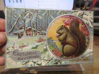 Old Antique Victorian Era Merry Christmas Postcard Squirrel Eating Snowball Nut