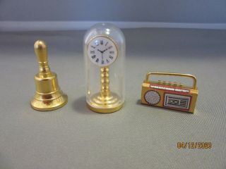 Miniature Brass Doll House Furniture Mantle Clock,  Bell & Radio